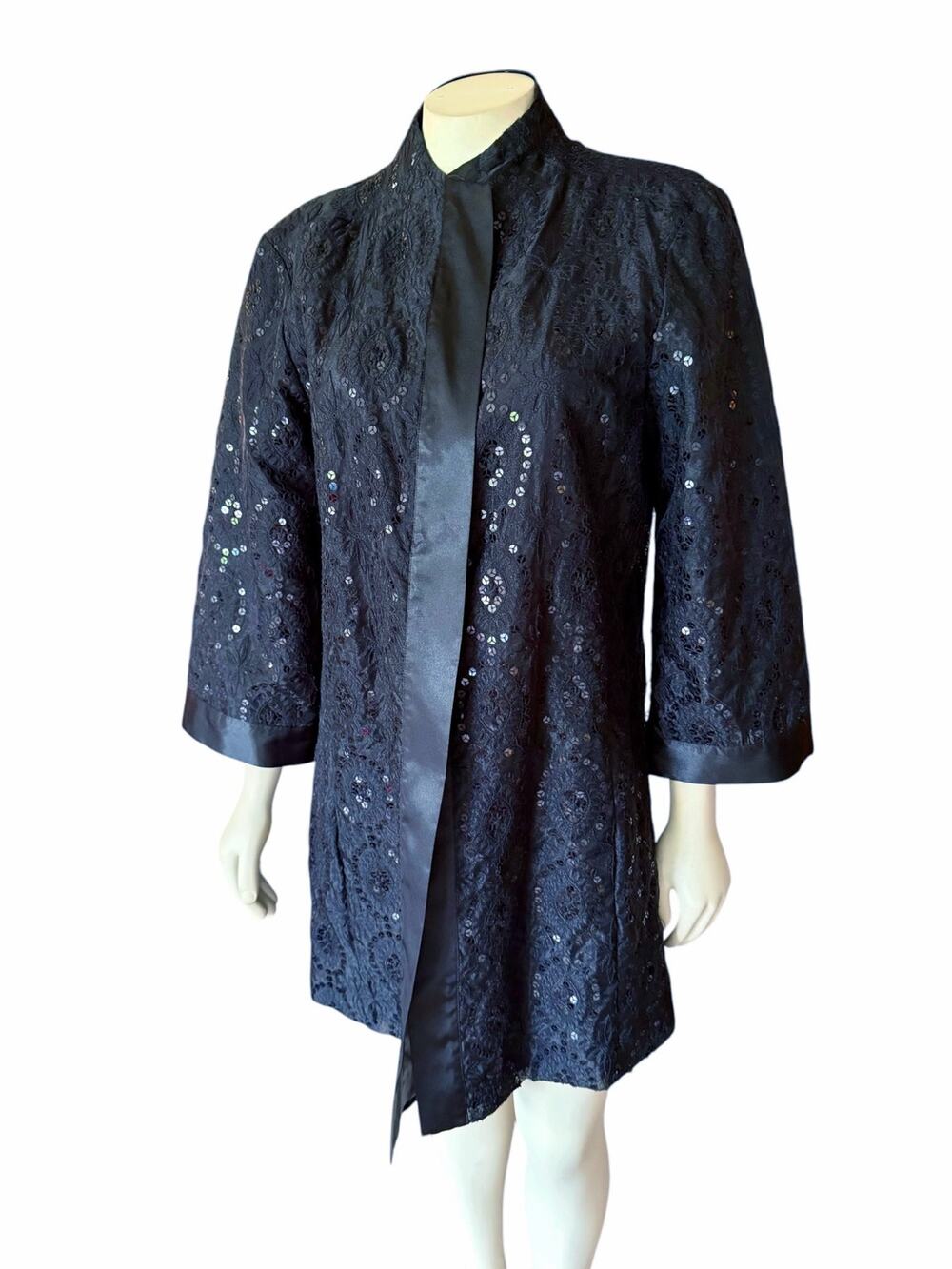 Chico's Black Sequin Organza Jacket Coat Satin Trim Open Front Evening Size M